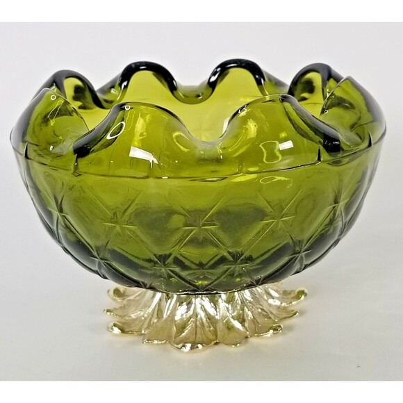 VTG Indiana Glass Avocado Green Crimped Edge Diamond Duette Bowl MCM Pineapple - Picture 1 of 9
